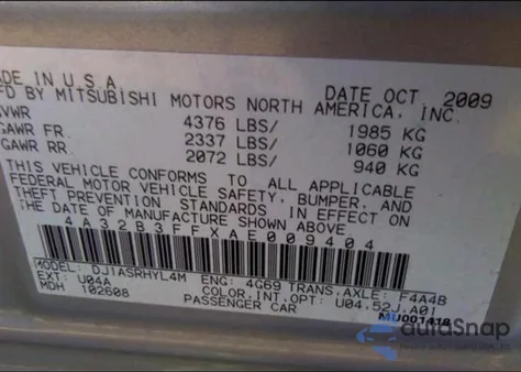 2010 Mitsubishi Galant Es/Se z USA, uszkodzony, nr VIN 4A32B3FFXAE009404